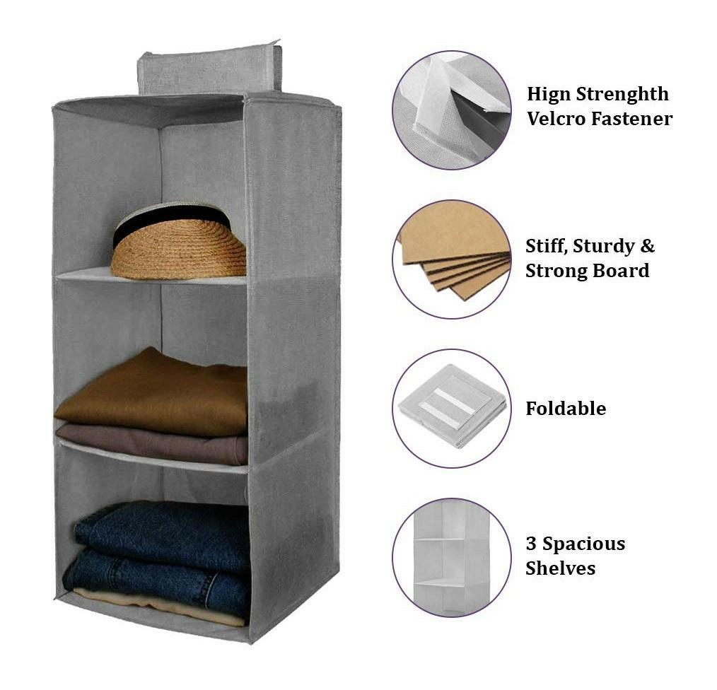 Hanging Wardrobe Organizer- 3 Shelves Non-Woven Fabric Hanging Storage Wardrobe Organizer.